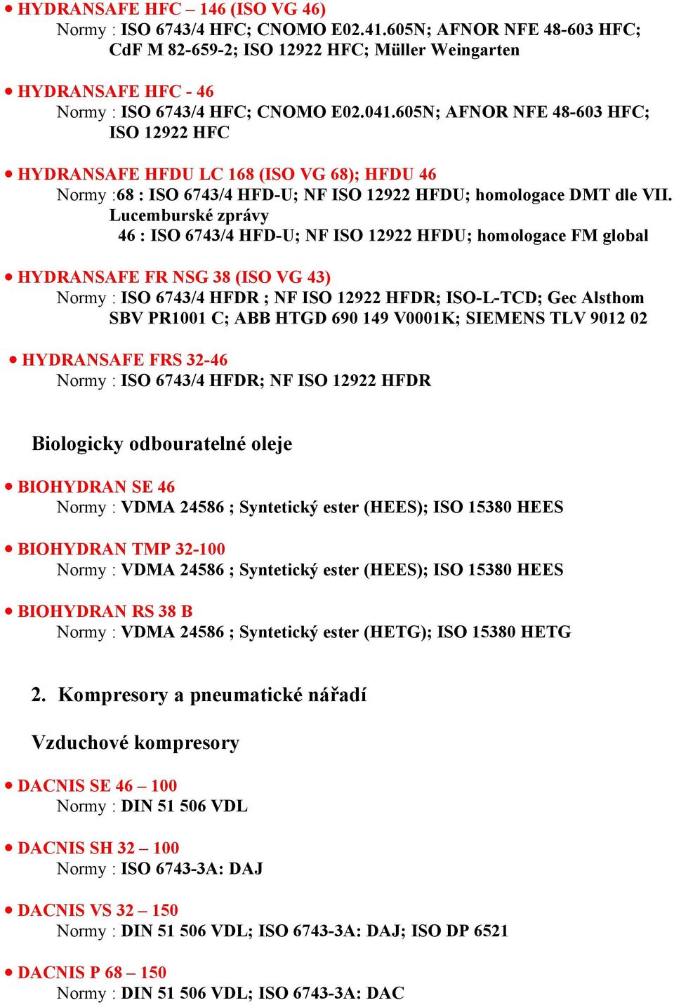 Lucemburské zprávy 46 : ISO 6743/4 HFD-U; NF ISO 12922 HFDU; homologace FM global HYDRANSAFE FR NSG 38 (ISO VG 43) Normy : ISO 6743/4 HFDR ; NF ISO 12922 HFDR; ISO-L-TCD; Gec Alsthom SBV PR1001 C;