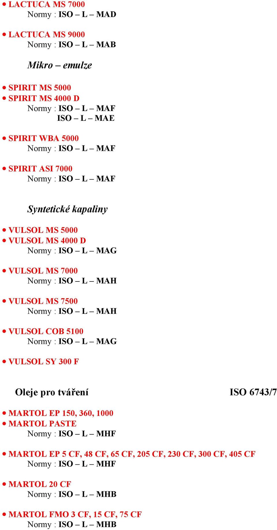 VULSOL MS 7500 Normy : ISO L MAH VULSOL COB 5100 Normy : ISO L MAG VULSOL SY 300 F Oleje pro tváření ISO 6743/7 MARTOL EP 150, 360, 1000 MARTOL PASTE Normy :