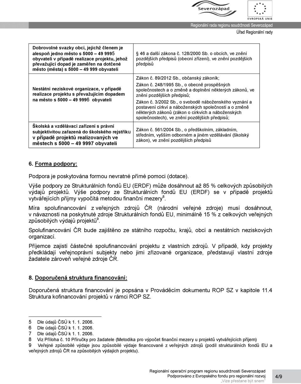 školského rejstříku v případě projektů realizovaných ve městech s 5000 49 9997 obyvateli 46 a další zákona č. 128/2000 Sb.