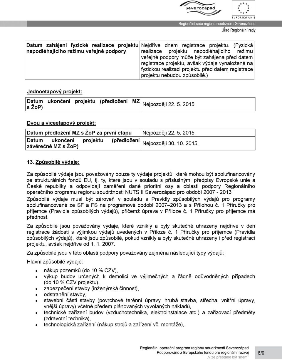 projektu nebudou způsobilé.) Jednoetapový projekt: Datum ukončení projektu (předložení MZ s ŽoP) Nejpozději 22. 5. 2015.