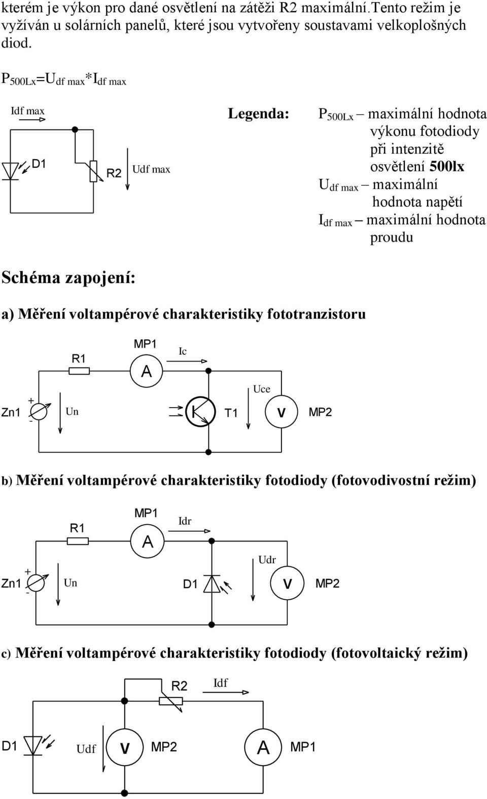 I df max maximální hodnota proudu Schéma zapojení: a) Měření voltampérové charakteristiky fototranzistoru Zn1 + - R1 Un MP1 A Ic T1 Uce V MP2 b) Měření voltampérové