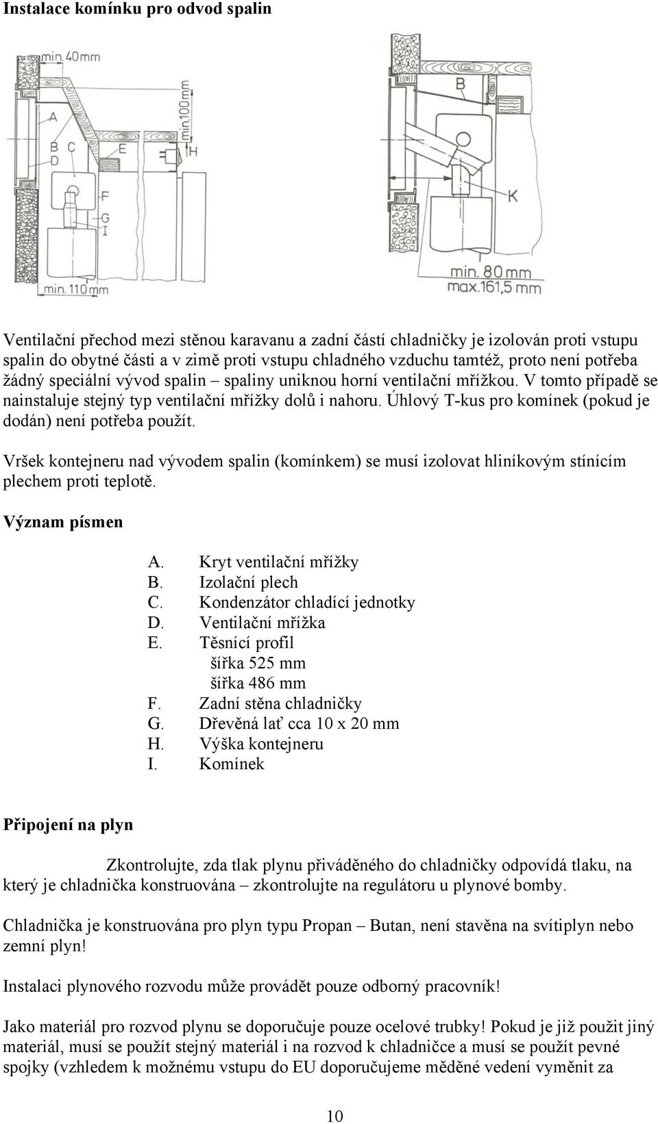 Úhlový T-kus pro komínek (pokud je dodán) není potřeba použít. Vršek kontejneru nad vývodem spalin (komínkem) se musí izolovat hliníkovým stínícím plechem proti teplotě. Význam písmen A.