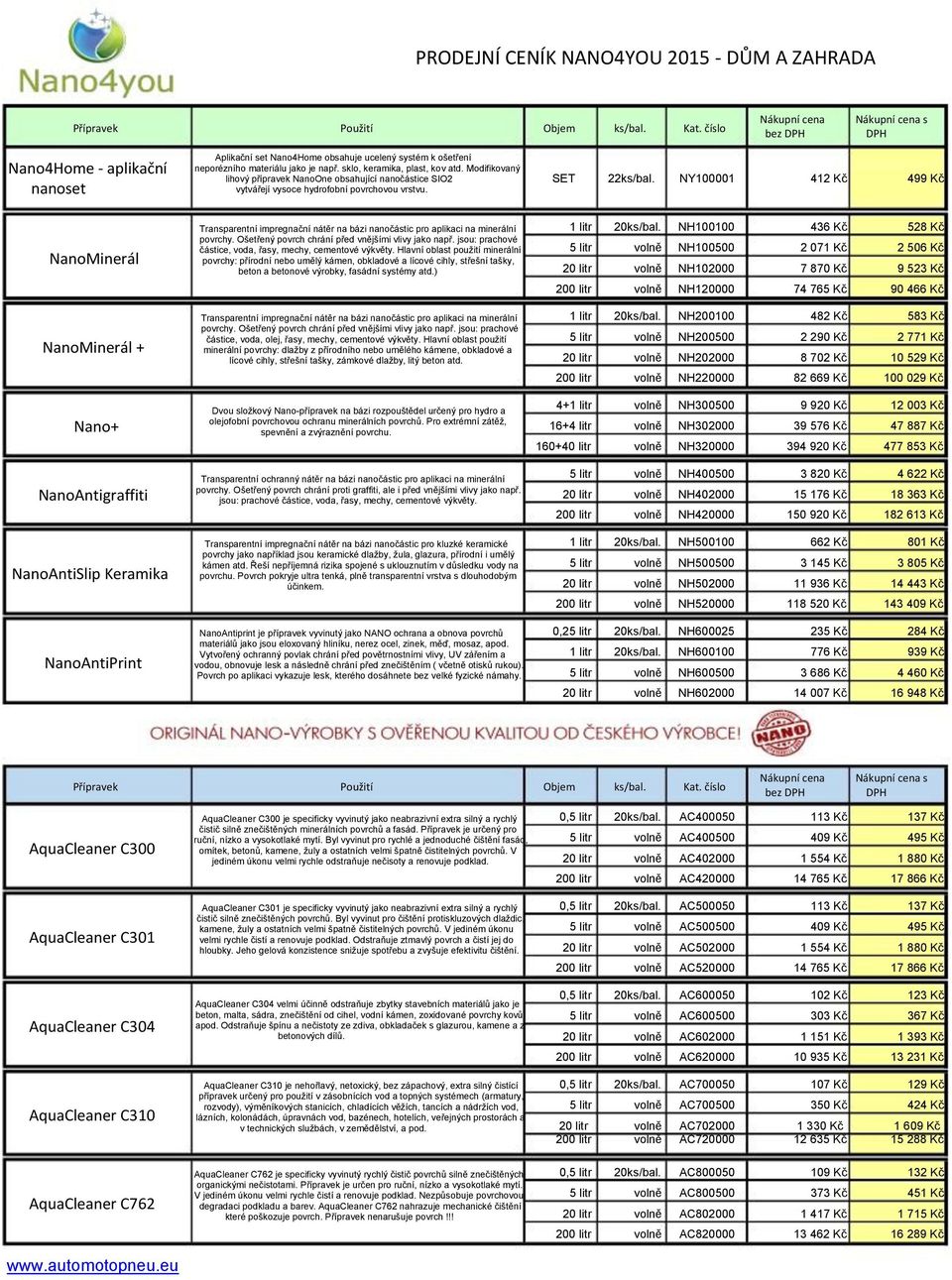 SET 22 NY100001 412 Kč 499 Kč NanoMinerál Transparentní impregnační nátěr na bázi nanočástic pro aplikaci na minerální povrchy. Ošetřený povrch chrání před vnějšími vlivy jako např.