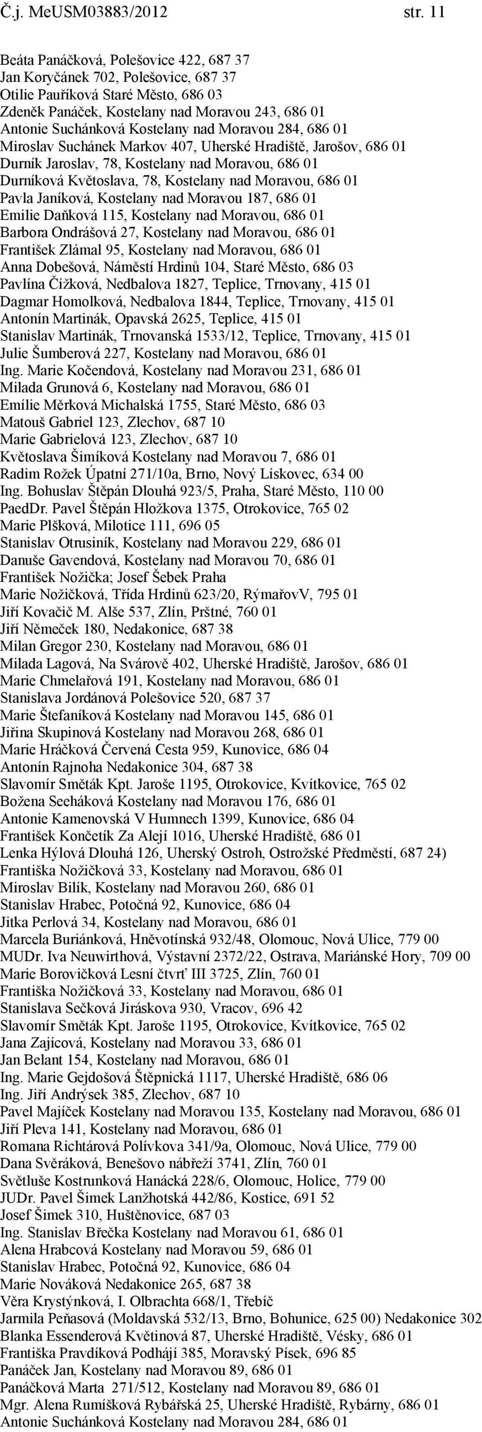 nad Moravou 284, 686 01 Miroslav Suchánek Markov 407, Uherské Hradiště, Jarošov, 686 01 Durník Jaroslav, 78, Kostelany nad Moravou, 686 01 Durníková Květoslava, 78, Kostelany nad Moravou, 686 01