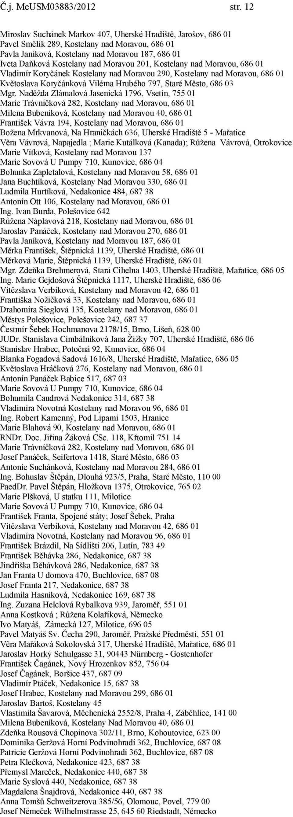 Moravou 201, Kostelany nad Moravou, 686 01 Vladimír Koryčánek Kostelany nad Moravou 290, Kostelany nad Moravou, 686 01 Květoslava Koryčánková Viléma Hrubého 797, Staré Město, 686 03 Mgr.