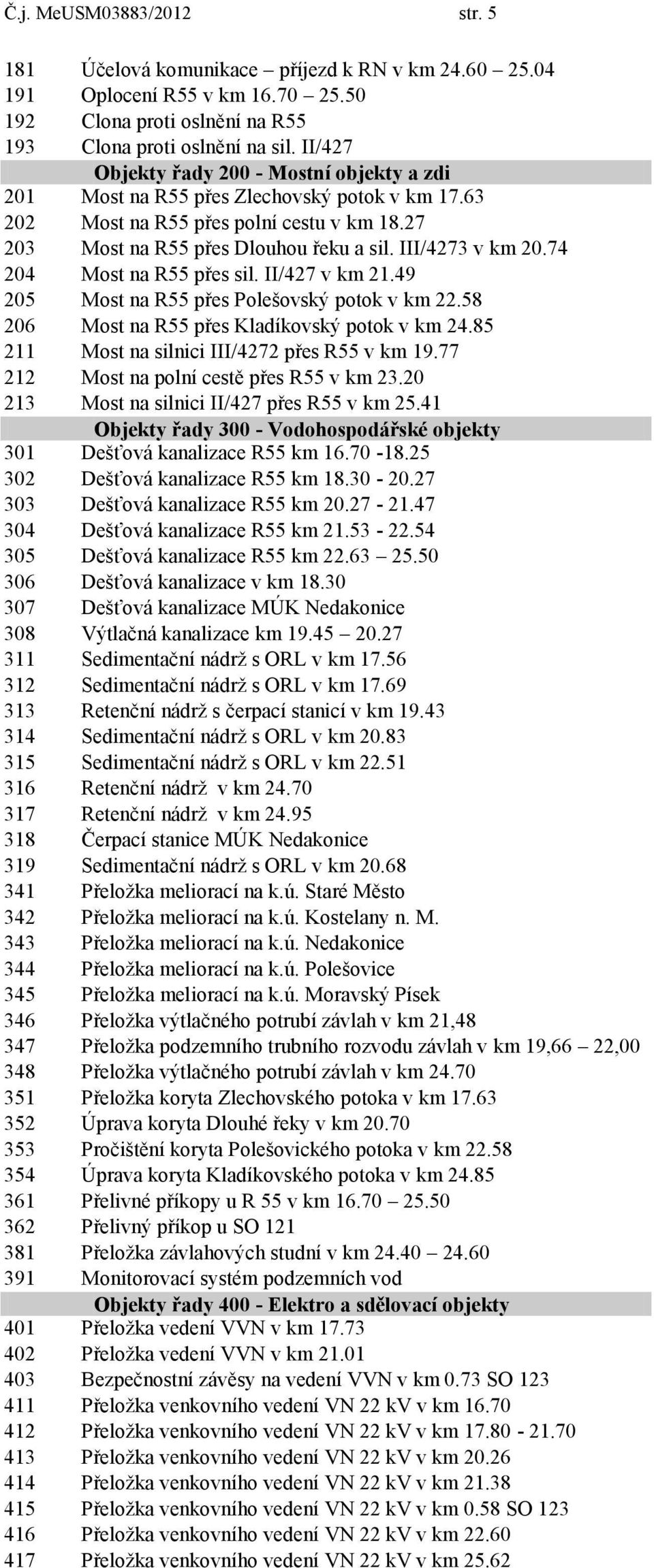 74 204 Most na R55 přes sil. II/427 v km 21.49 205 Most na R55 přes Polešovský potok v km 22.58 206 Most na R55 přes Kladíkovský potok v km 24.85 211 Most na silnici III/4272 přes R55 v km 19.