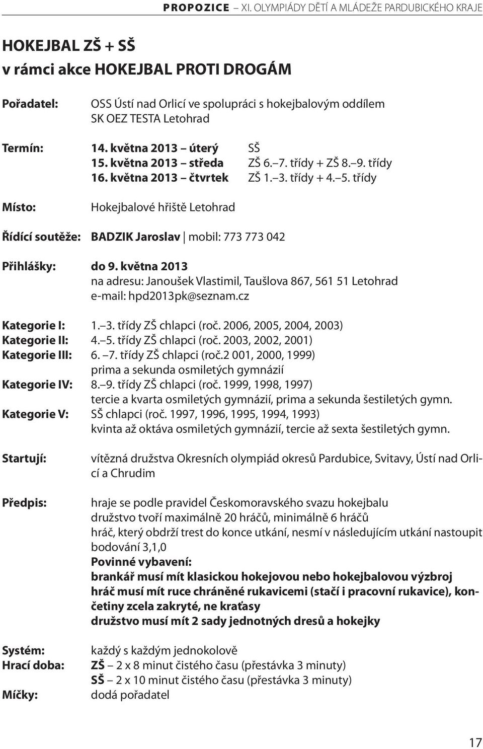 třídy Místo: Hokejbalové hřiště Letohrad Řídící soutěže: BADZIK Jaroslav mobil: 773 773 042 Přihlášky: do 9.