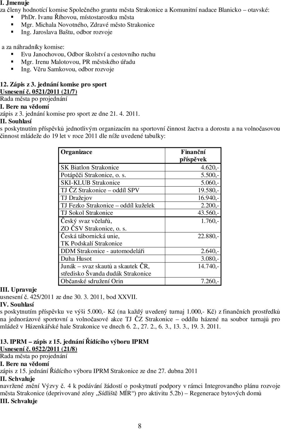 Věru Samkovou, odbor rozvoje 12. Zápis z 3. jednání komise pro sport Usnesení č. 0521/2011 (21/7) I. Bere na vědomí zápis z 3. jednání komise pro sport ze dne 21. 4. 2011.