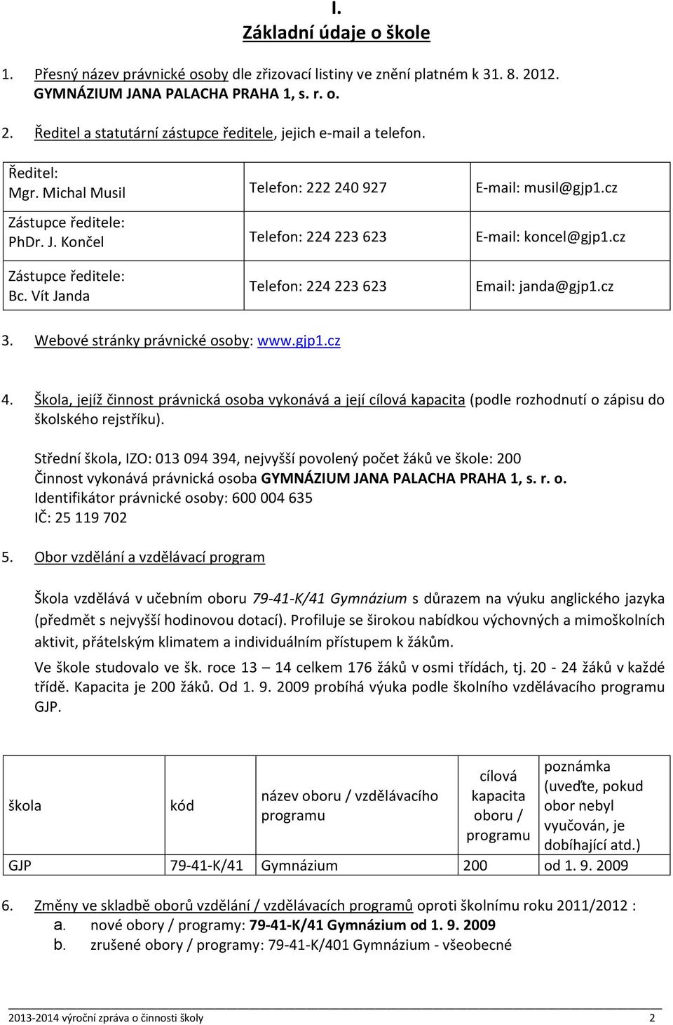 Vít Janda Telefon: 224 223 623 Email: janda@gjp1.cz 3. Webové stránky právnické osoby: www.gjp1.cz 4.