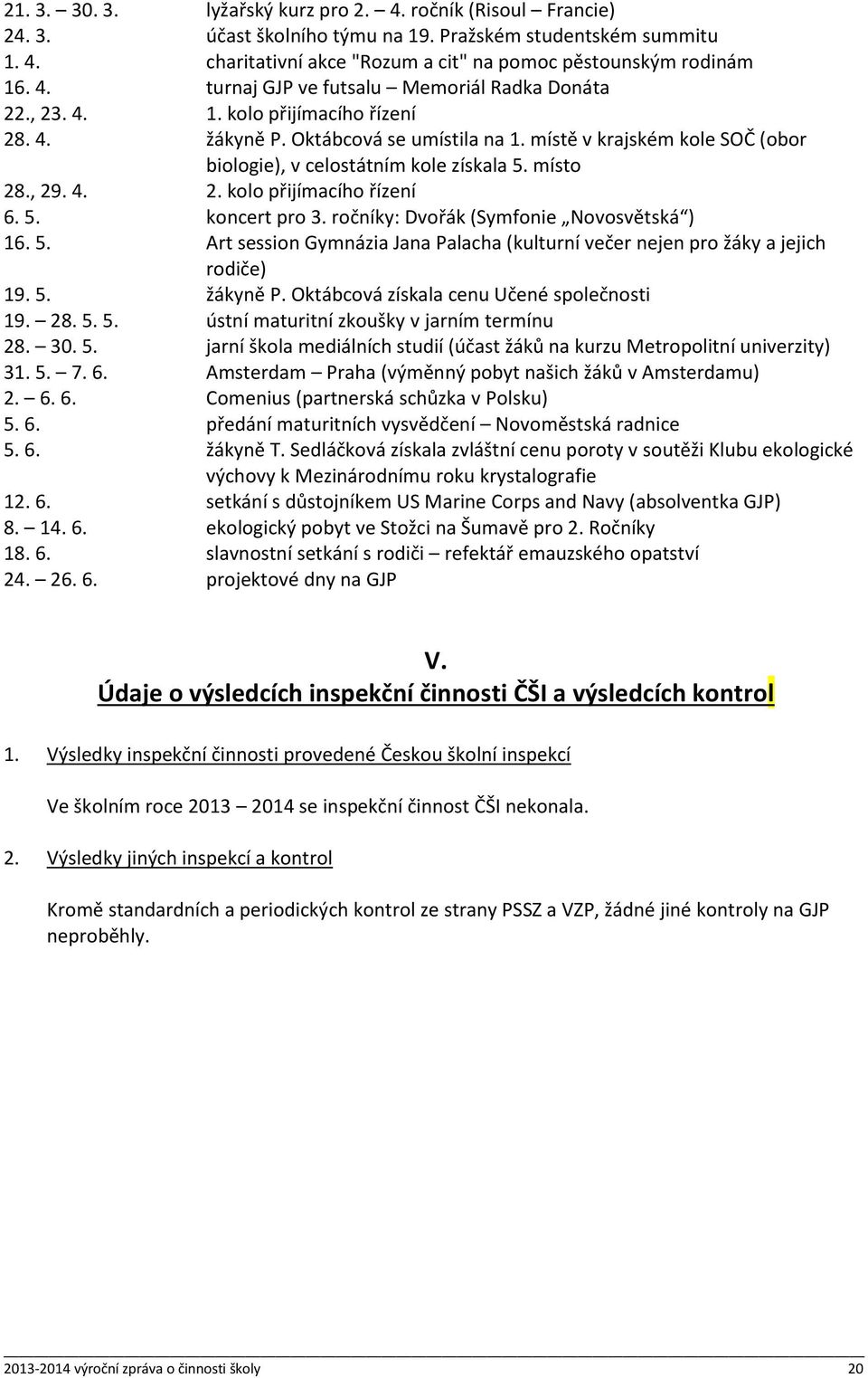 5. koncert pro 3. ročníky: Dvořák (Symfonie Novosvětská ) 16. 5. Art session Gymnázia Jana Palacha (kulturní večer nejen pro žáky a jejich rodiče) 19. 5. žákyně P.