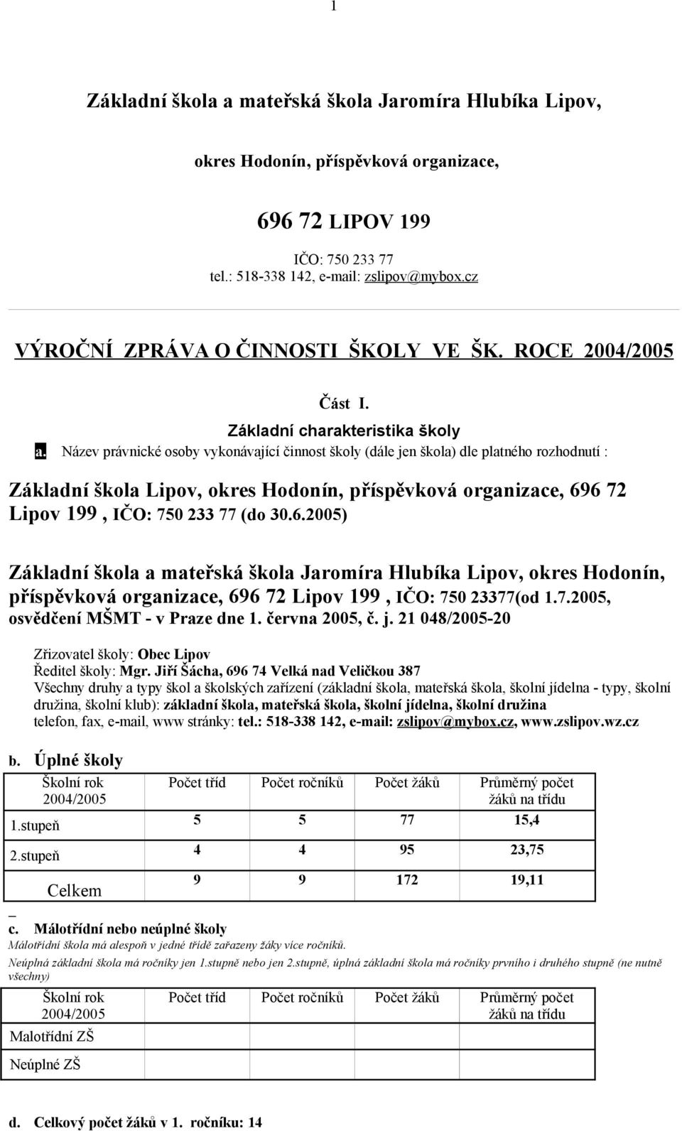 Název právnické osoby vykonávající činnost školy (dále jen škola) dle platného rozhodnutí : Základní škola Lipov, okres Hodonín, příspěvková organizace, 69