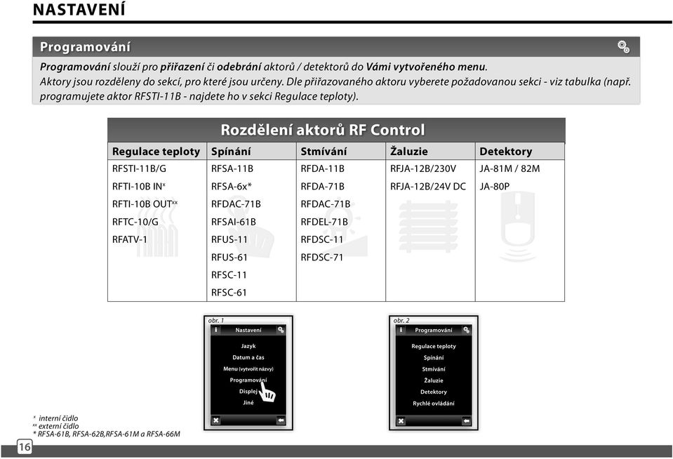 Rozdělení aktorů RF Control Regulace teploty Spínání Stmívání Žaluzie Detektory RFSTI-11B/G RFSA-11B RFDA-11B RFJA-12B/230V JA-81M / 82M RFTI-10B IN x RFSA-6x* RFDA-71B