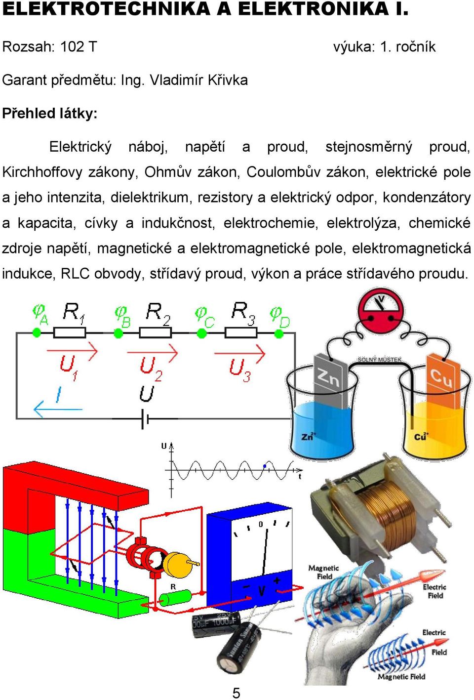 elektrické pole a jeho intenzita, dielektrikum, rezistory a elektrický odpor, kondenzátory a kapacita, cívky a indukčnost,