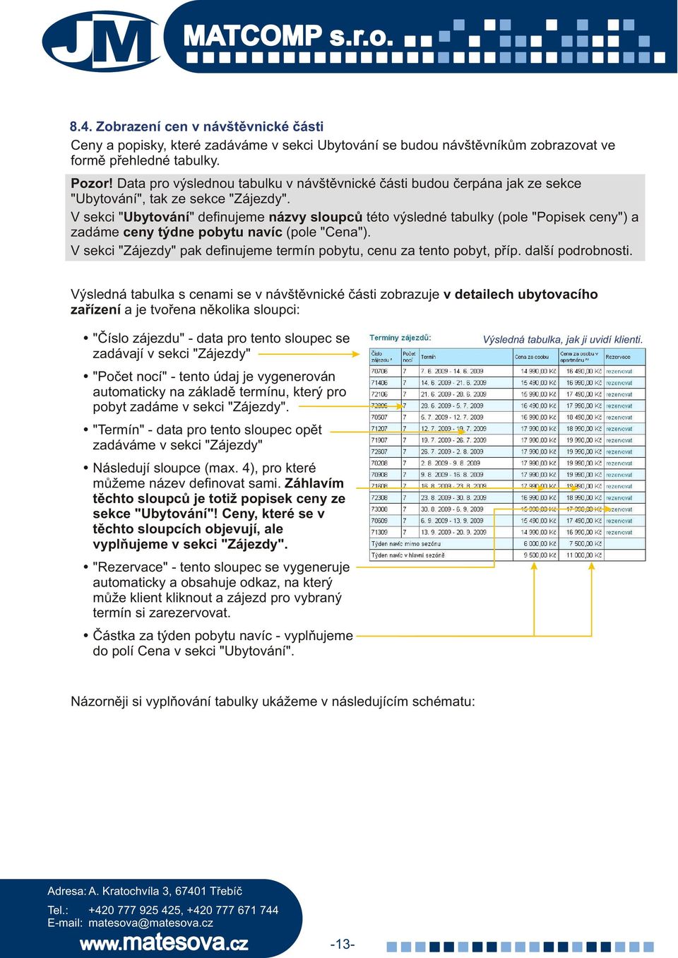 V sekci "Ubytování" definujeme názvy sloupcù této výsledné tabulky (pole "Popisek ceny") a zadáme ceny týdne pobytu navíc (pole "Cena").