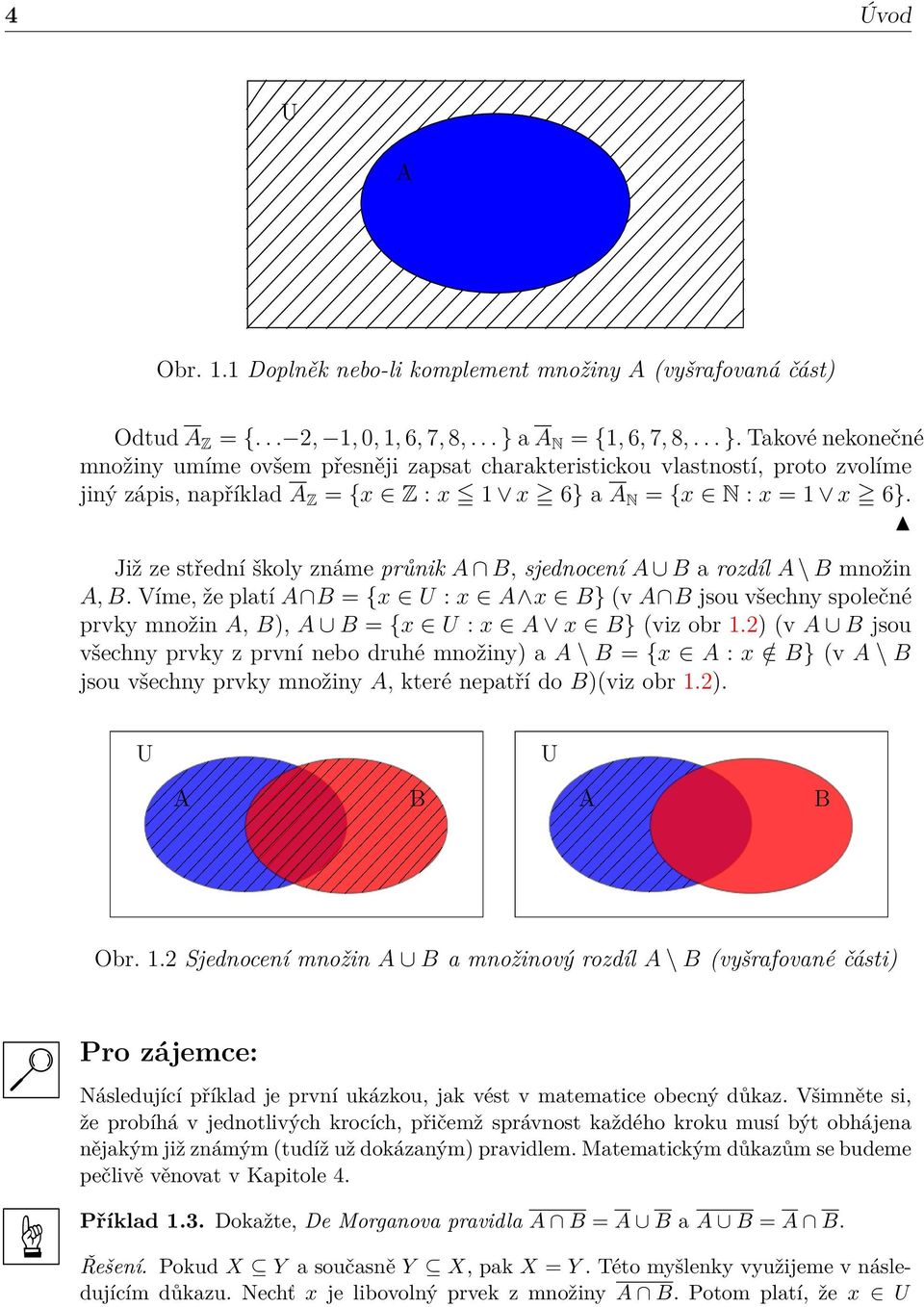 Již ze střední školy známe průnik A B, sjednocení A B a rozdíl A B množin A, B. Víme, že platí A B = {x U : x A x B} (v A B jsou všechny společné prvky množin A, B), A B = {x U : x A x B} (viz obr 1.