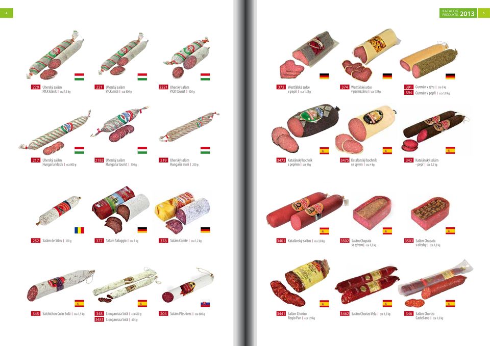 Katalánský bochník s pepřem cca 4 kg 3475 Katalánský bochník se sýrem cca 4 kg 342 Katalánský salám - pepř cca 2,5 kg 252 Salám de Sibiu 350 g 377 Salám Salaggio cca 1 kg 378 Salám Comté cca 1,2 kg