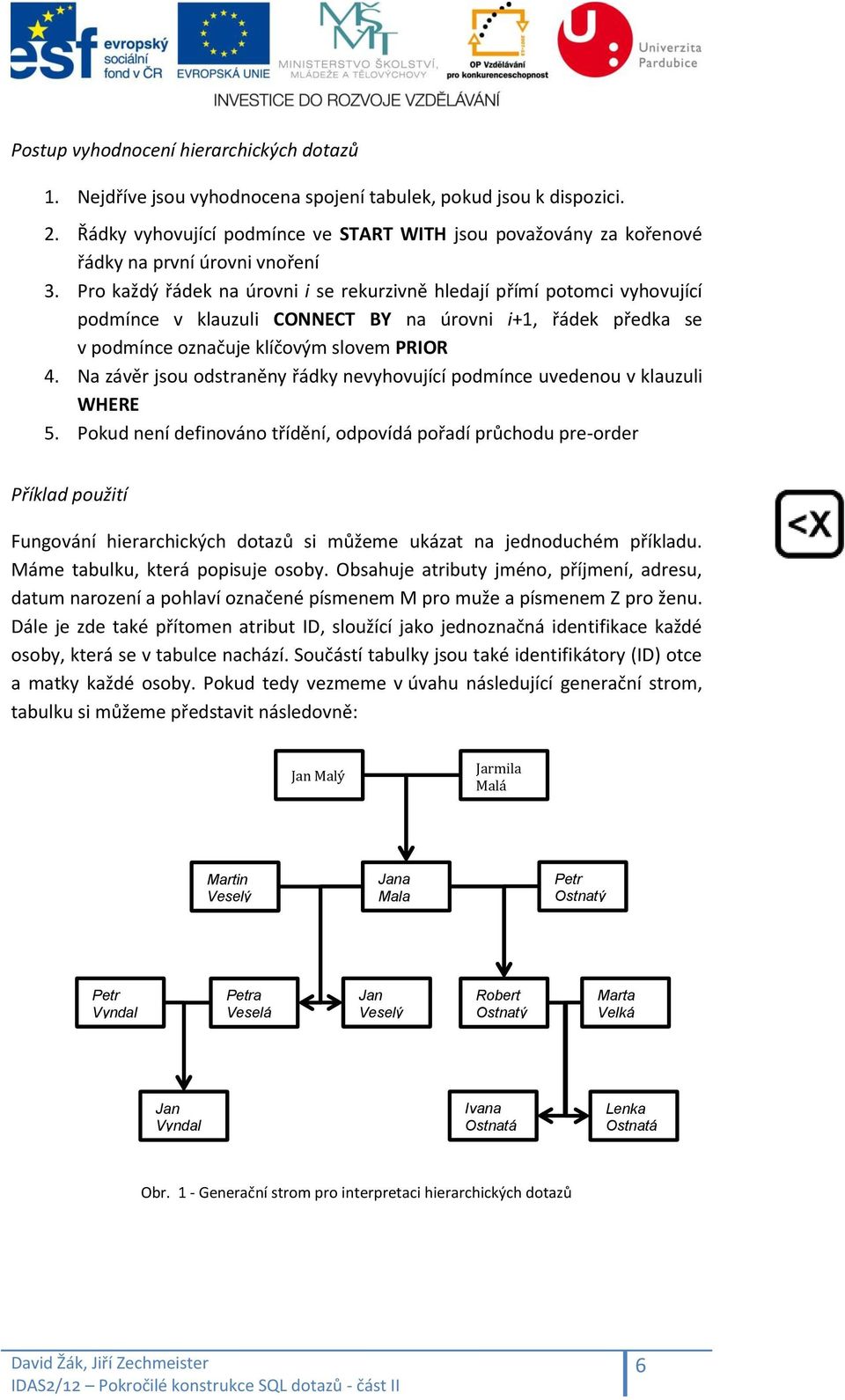 Pro každý řádek na úrovni i se rekurzivně hledají přímí potomci vyhovující podmínce v klauzuli CONNECT BY na úrovni i+1, řádek předka se v podmínce označuje klíčovým slovem PRIOR 4.