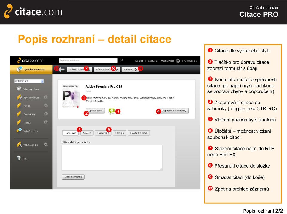 schránky (funguje jako CTRL+C) Vložení poznámky a anotace Úložiště možnost vložení souboru k citaci Stažení citace