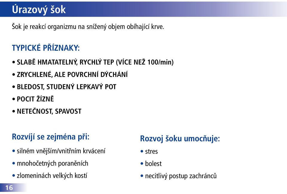 bledost, studený lepkavý pot pocit žízně netečnost, spavost Rozvíjí se zejména při: silném