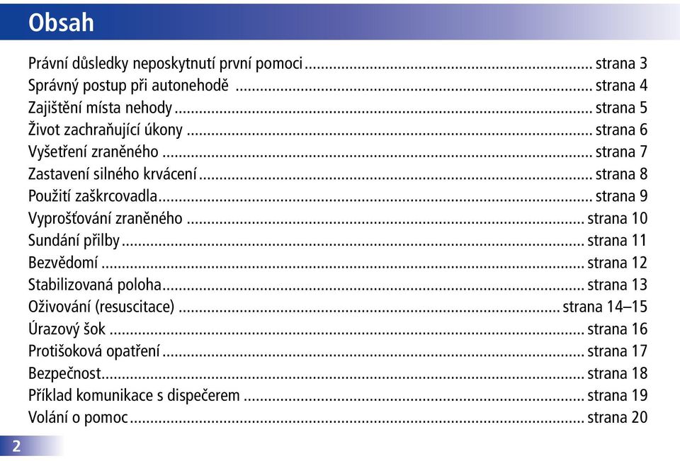 .. strana 9 Vyprošťování zraněného... strana 10 Sundání přilby... strana 11 Bezvědomí... strana 12 Stabilizovaná poloha.