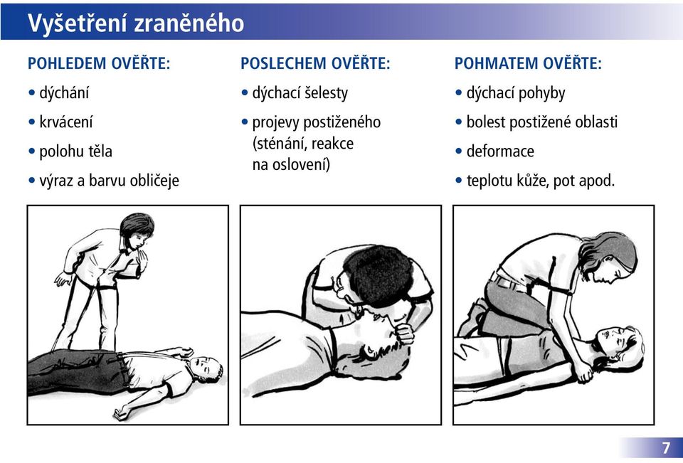 postiženého (sténání, reakce na oslovení) Pohmatem ověřte: dýchací