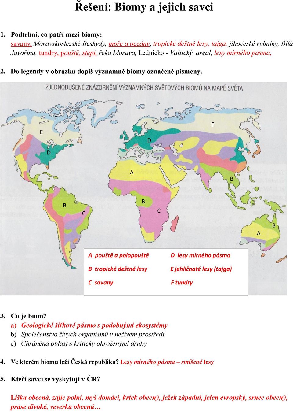 areál, lesy mírného pásma, 2. o legendy v obrázku dopiš významné biomy označené písmeny. pouště a polopouště tropické deštné lesy savany lesy mírného pásma jehličnaté lesy (tajga) tundry 3. o je biom?