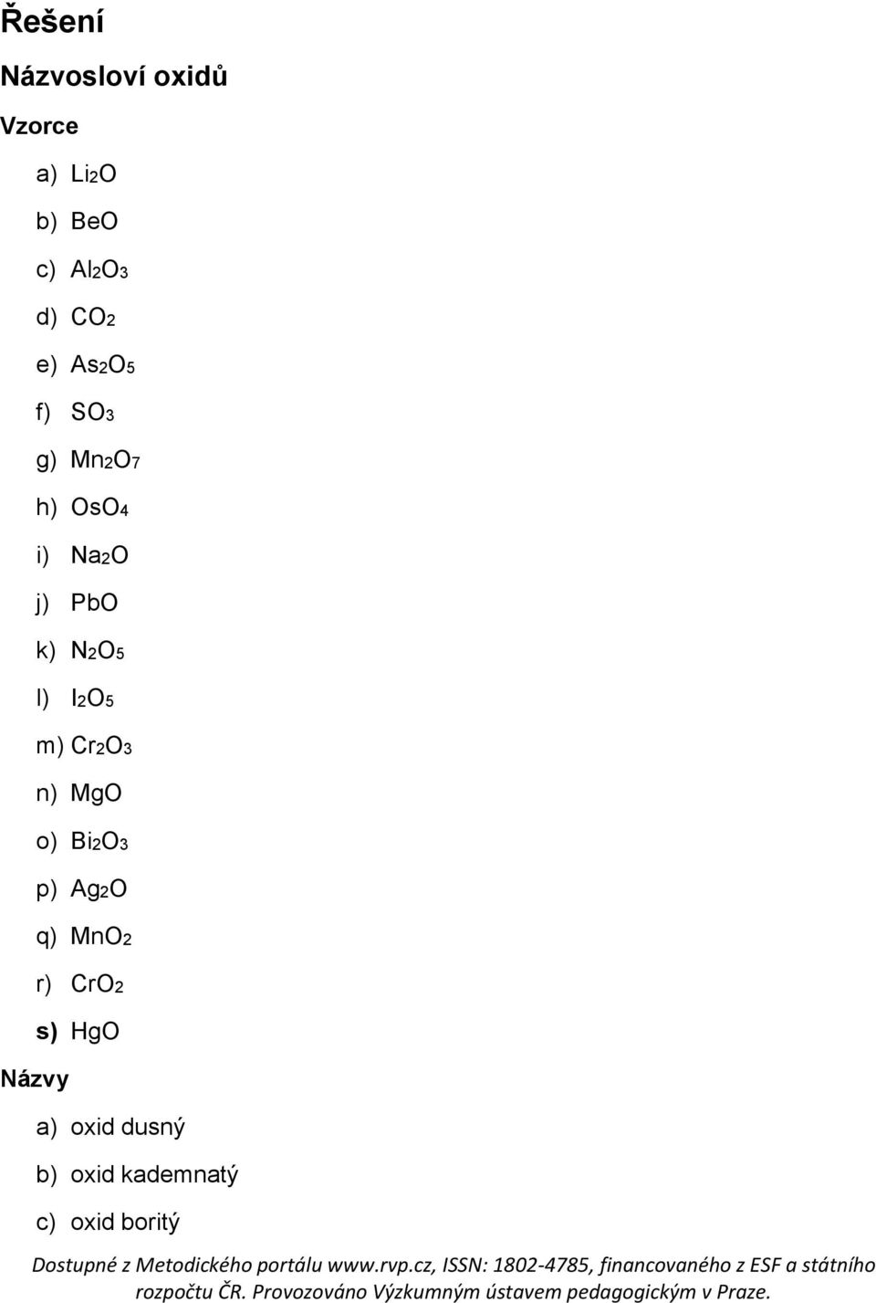 N2O5 l) I2O5 Názvy m) Cr2O3 n) MgO o) Bi2O3 p) Ag2O q)