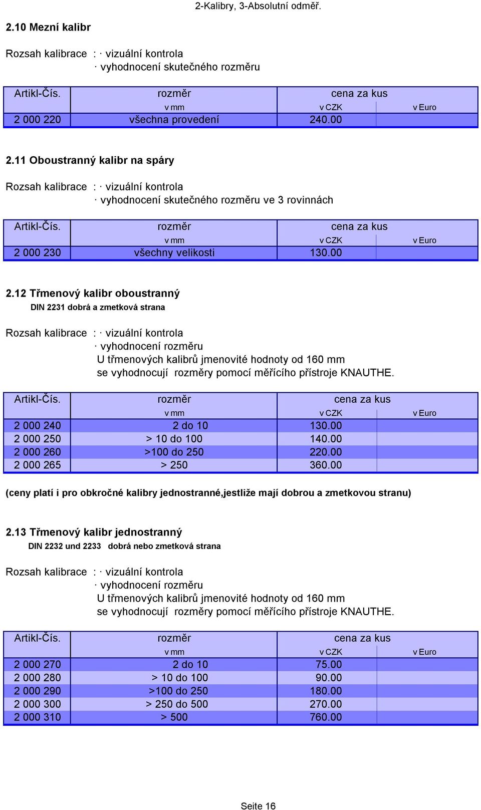 2 000 240 2 do 10 130.00 2 000 250 > 10 do 100 140.00 2 000 260 >100 do 250 220.00 2 000 265 > 250 360.00 (ceny platí i pro obkročné kalibry jednostranné,jestliže mají dobrou a zmetkovou stranu) 2.