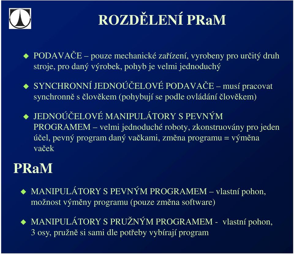 jednoduché roboty, zkonstruovány pro jeden účel, pevný program daný vačkami, změna programu = výměna vaček PRaM MANIPULÁTORY S PEVNÝM PROGRAMEM