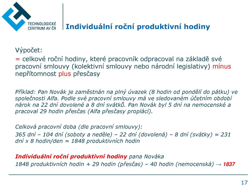 Podle své pracovní smlouvy má ve sledovaném účetním období nárok na 22 dní dovolené a 8 dní svátků. Pan Novák byl 5 dní na nemocenské a pracoval 29 hodin přesčas (Alfa přesčasy proplácí).