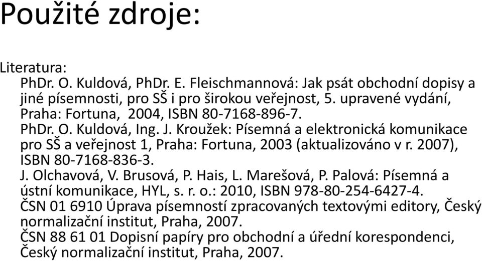 Kroužek: Písemná a elektronická komunikace pro SŠ a veřejnost 1, Praha: Fortuna, 2003 (aktualizováno v r. 2007), ISBN 80-7168-836-3. J. Olchavová, V. Brusová, P. Hais, L.