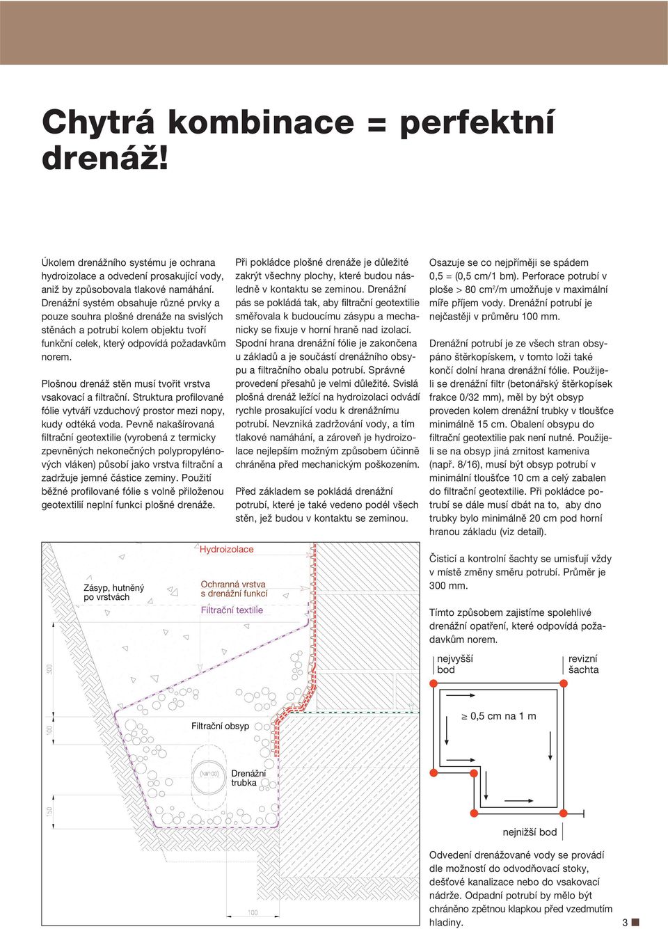 Plošnou drenáž stěn musí tvořit vrstva vsakovací a filtrační. Struktura profilované fólie vytváří vzduchový prostor mezi nopy, kudy odtéká voda.