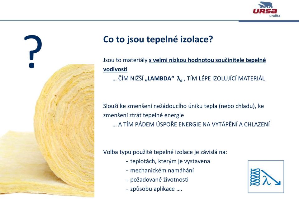 IZOLUJÍCÍ MATERIÁL Slouží ke zmenšení nežádoucího úniku tepla (nebo chladu), ke zmenšení ztrát tepelné energie