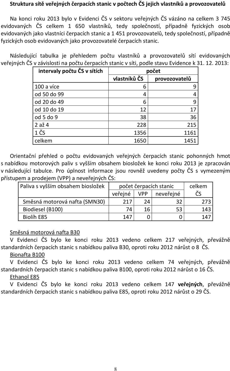 čerpacích stanic. Následující tabulka je přehledem počtu vlastníků a provozovatelů sítí evidovaných veřejných ČS v závislosti na počtu čerpacích stanic v síti, podle stavu Evidence k 31. 12.