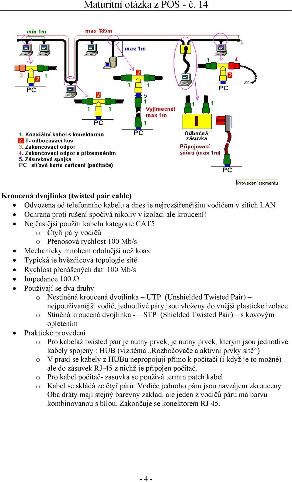 Impedance 100 Ω Používají se dva druhy o Nestíněná kroucená dvojlinka UTP (Unshielded Twisted Pair) nejpoužívanější vodič, jednotlivé páry jsou vloženy do vnější plastické izolace o Stíněná kroucená