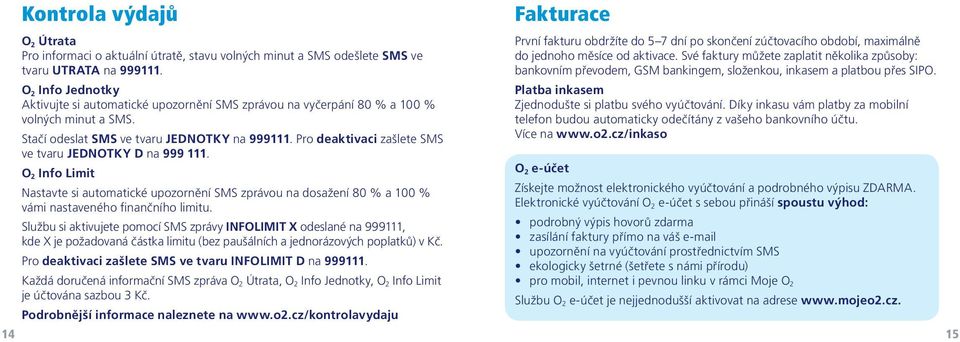 Pro deaktivaci zašlete SMS ve tvaru JEDNOTKY D na 999 111. O 2 Info Limit Nastavte si automatické upozornění SMS zprávou na dosažení 80 % a 100 % vámi nastaveného finančního limitu.