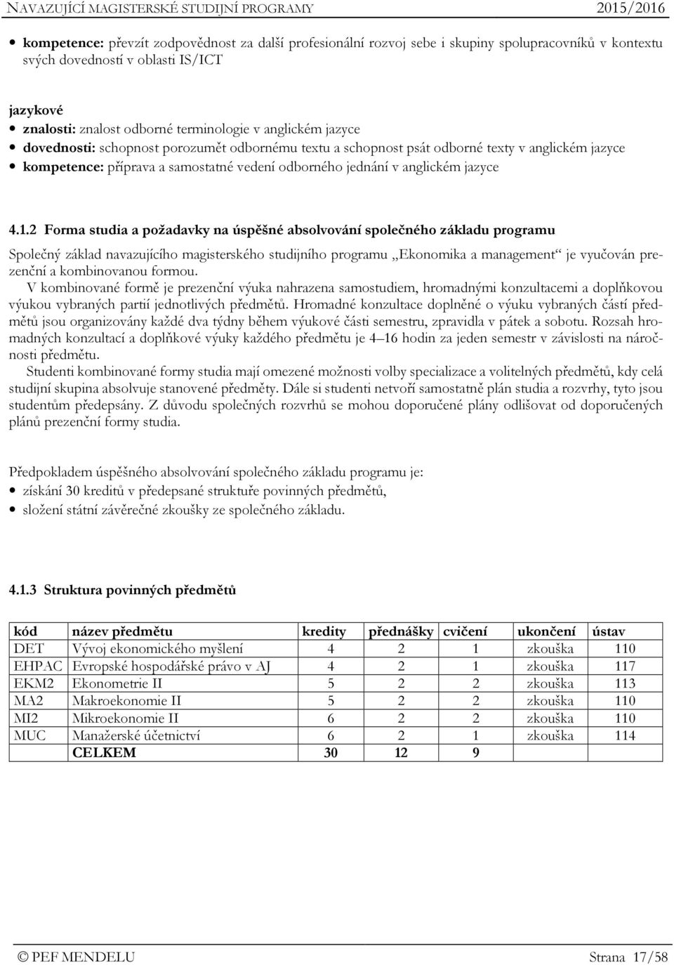 2 Forma studia a požadavky na úspěšné absolvování společného základu programu Společný základ navazujícího magisterského studijního programu Ekonomika a management je vyučován prezenční a