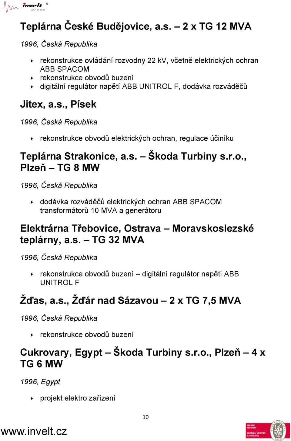 2 x TG 12 MVA 1996, Česká Republika rekonstrukce ovládání rozvodny 22 kv, včetně elektrických ochran ABB SPACOM rekonstrukce obvodů buzení digitální regulátor napětí ABB UNITROL F, dodávka rozváděčů