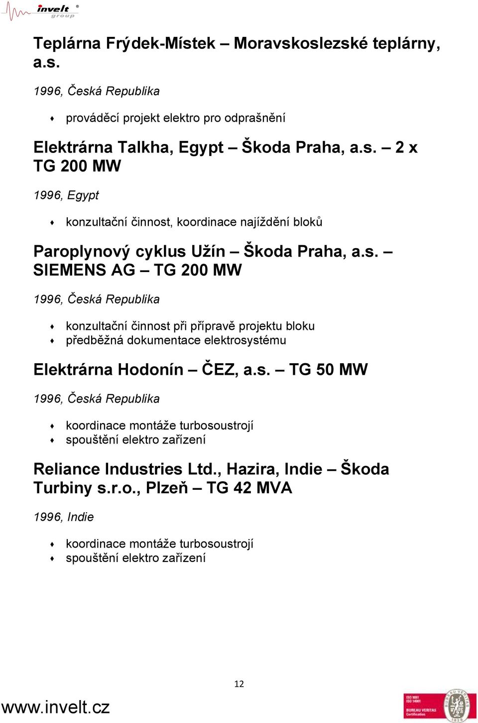 , Hazira, Indie Škoda Turbiny s.r.o., Plzeň TG 42 MVA 1996, Indie koordinace montáže turbosoustrojí spouštění elektro zařízení 12