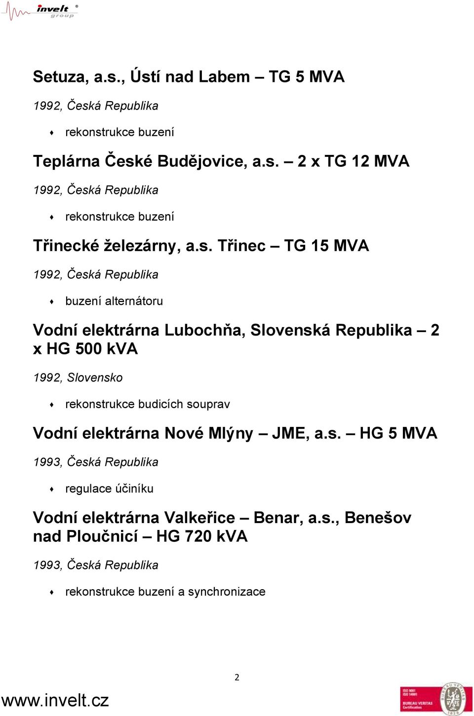 rekonstrukce budicích souprav Vodní elektrárna Nové Mlýny JME, a.s. HG 5 MVA 1993, Česká Republika regulace účiníku Vodní elektrárna Valkeřice Benar, a.