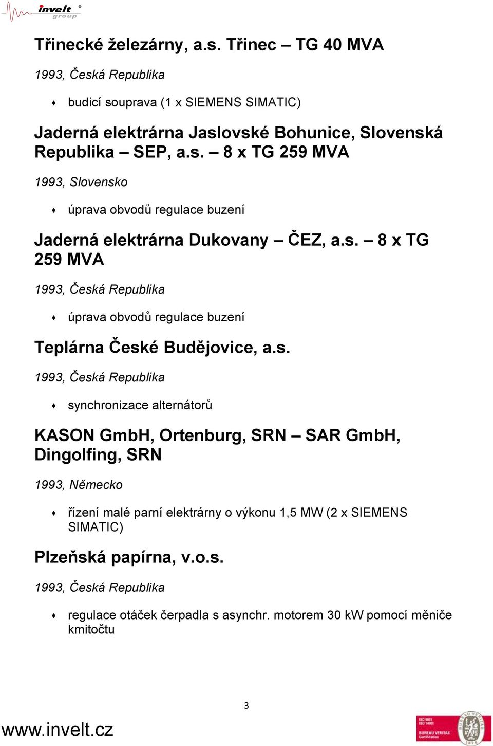 s. 1993, Česká Republika synchronizace alternátorů KASON GmbH, Ortenburg, SRN SAR GmbH, Dingolfing, SRN 1993, Německo řízení malé parní elektrárny o výkonu 1,5 MW (2 x