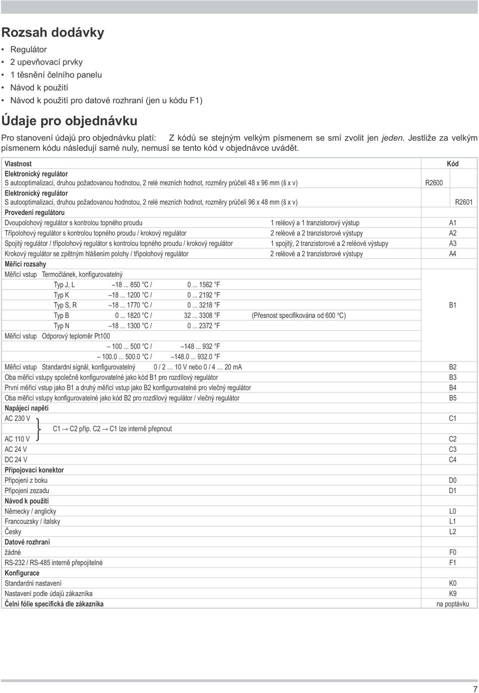 Vlastnost Kód S autooptimalizací, druhou požadovanou hodnotou, 2 relé mezních hodnot, rozměry průčelí 48 x 96 mm (š x v) R2600 S autooptimalizací, druhou požadovanou hodnotou, 2 relé mezních hodnot,