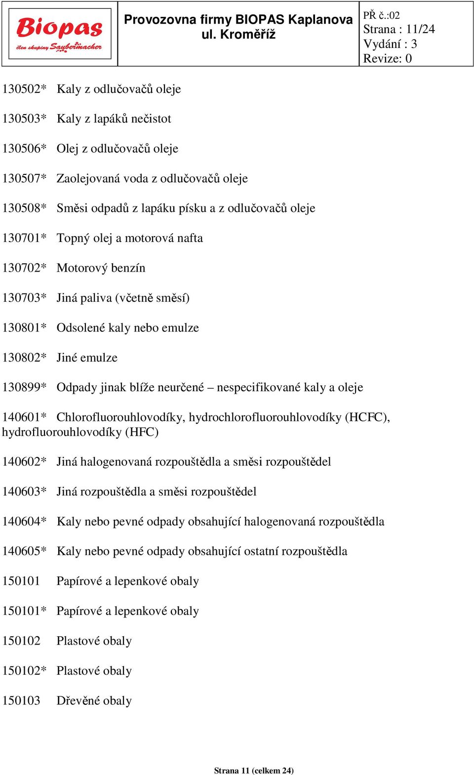 neurčené nespecifikované kaly a oleje 140601* Chlorofluorouhlovodíky, hydrochlorofluorouhlovodíky (HCFC), hydrofluorouhlovodíky (HFC) 140602* Jiná halogenovaná rozpouštědla a směsi rozpouštědel