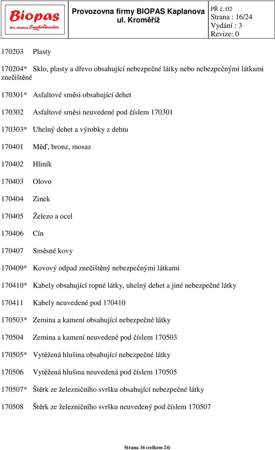 znečištěný nebezpečnými látkami 170410* Kabely obsahující ropné látky, uhelný dehet a jiné nebezpečné látky 170411 Kabely neuvedené pod 170410 170503* Zemina a kamení obsahující nebezpečné látky