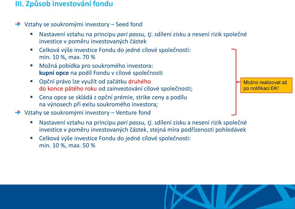 70 % Možná pobídka pro soukromého investora: kupní opce na podíl Fondu v cílové společnosti Opční právo lze využít od začátku druhého do konce pátého roku od zainvestování cílové společnosti; Cena