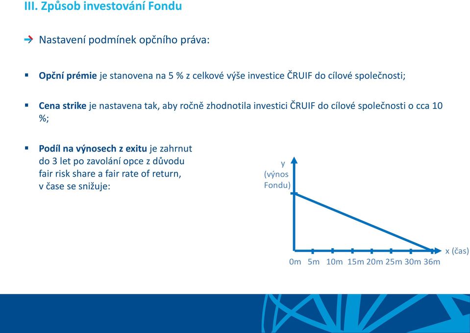 ČRUIF do cílové společnosti o cca 10 %; Podíl na výnosech z exitu je zahrnut do 3 let po zavolání opce z