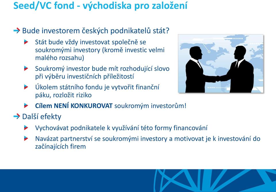 rozhodující slovo při výběru investičních příležitostí Úkolem státního fondu je vytvořit finanční páku, rozložit riziko Cílem NENÍ