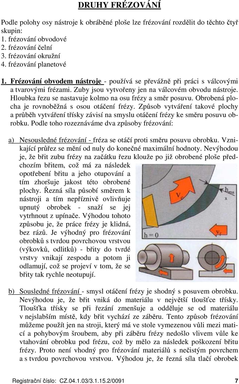 Hloubka řezu se nastavuje kolmo na osu frézy a směr posuvu. Obrobená plocha je rovnoběžná s osou otáčení frézy.