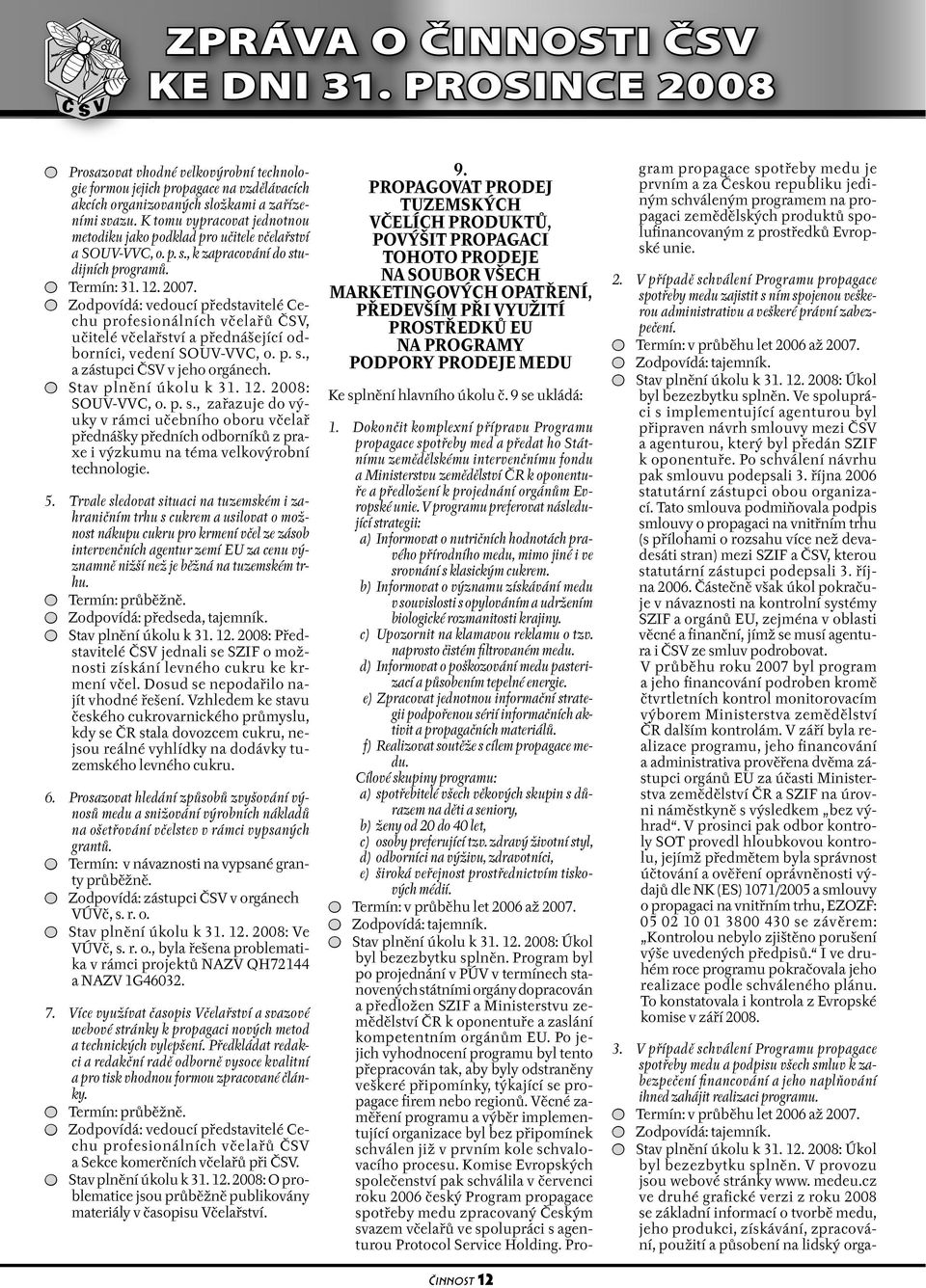 Zodpovídá: vedoucí představitelé Cechu profesionálních včelařů ČSV, učitelé včelařství a přednášející odborníci, vedení SOUV-VVC, o. p. s., a zástupci ČSV v jeho orgánech. Stav plnění úkolu k 31. 12.