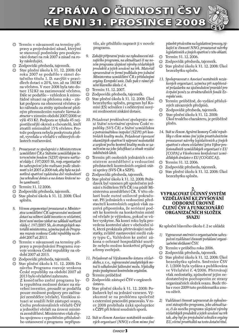 Stav plnění úkolu k 31. 12. 2008: Od roku 2007 se podařilo v rámci dotačního titulu 1. D. navýšit v pravidlech dotaci o 20 %, tzn. až na 180 Kč na včelstvo.